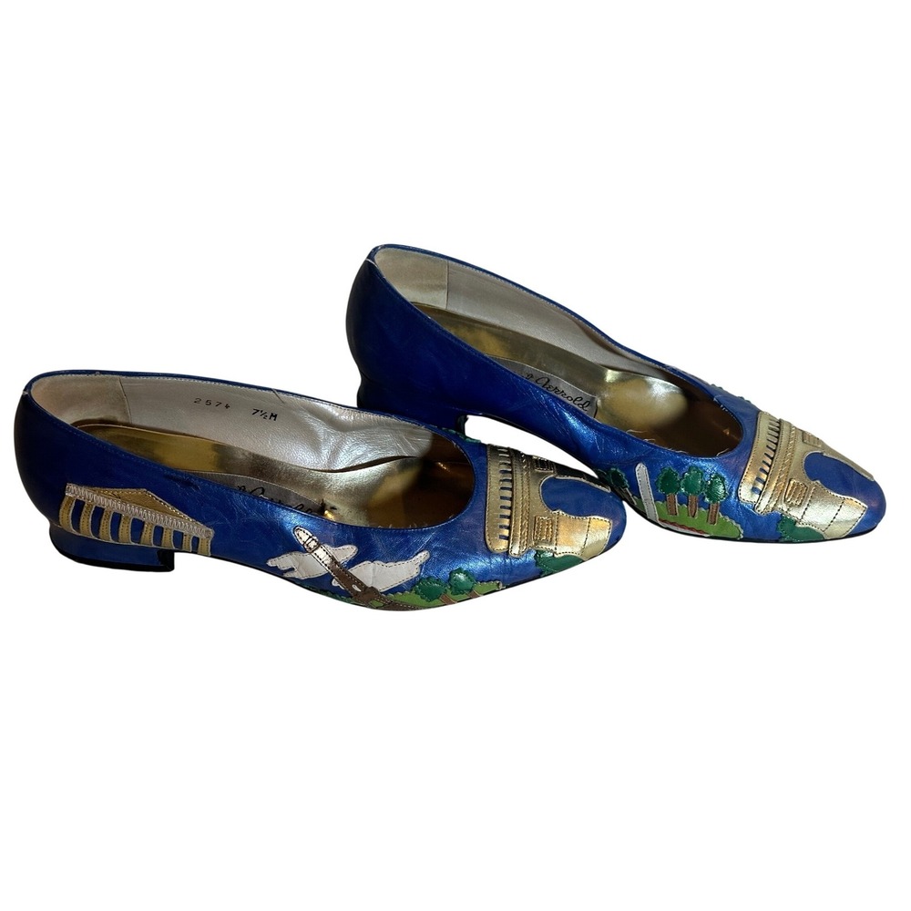 Margaret Jerrold Vintage Pumps Sz 7.5 Blue Metallic Paris Applique Leather Heels
